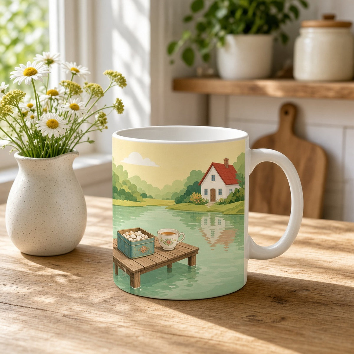 Still pond reflecting a red-roofed cottage with a keepsake tin and teacup on a jetty printed flat on a mug, made with prompt #5