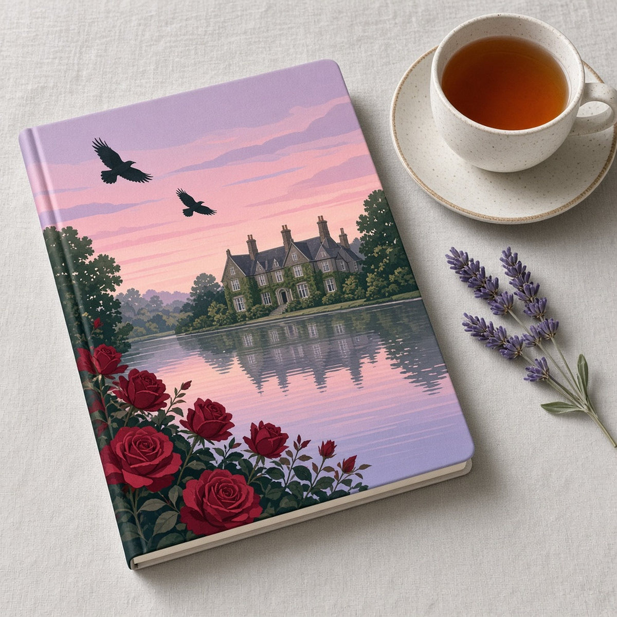Lavender dusk lake with red roses mirroring an ivy-covered country manor printed flat on a notebook, made with prompt #9
