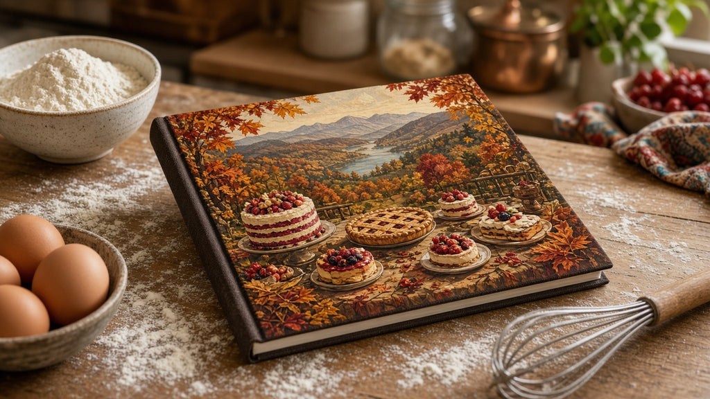 Free compact prompt sample: example printed recipe book cover with cakes and berries in a kitchen