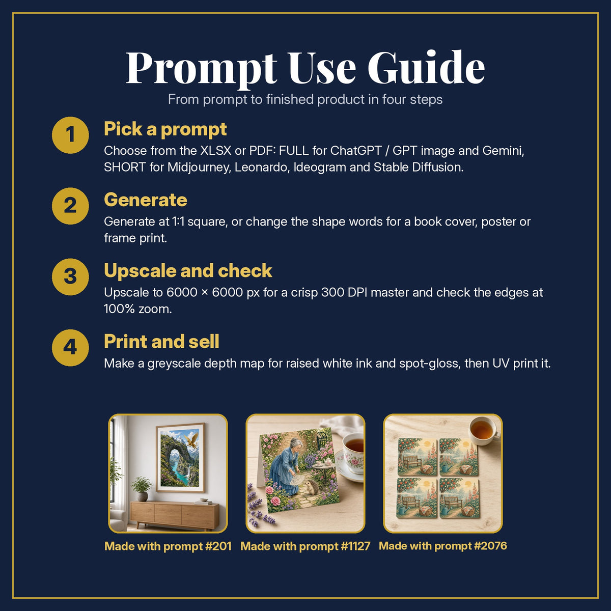 Prompt Use Guide for the Fantasy, Sci-Fi & Saga Compact Edition Library: pick a prompt, generate, upscale and check, print and sell, with sample products made with the pack's prompts