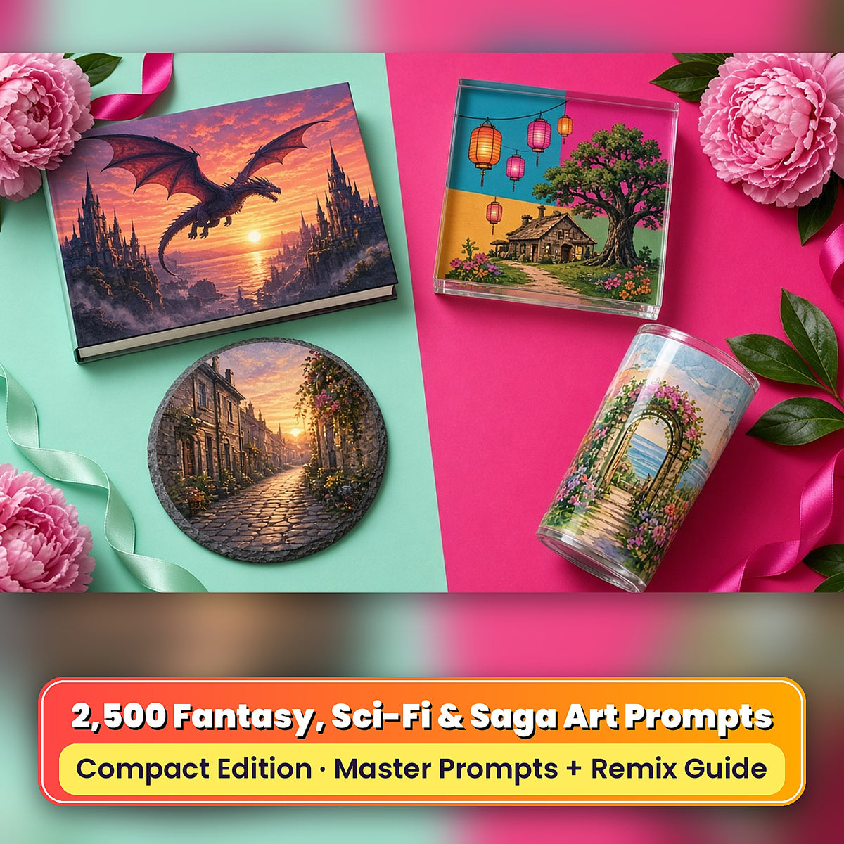 Fantasy, Sci-Fi & Saga Compact Edition Library: realistic UV-printed mockup, made with prompts #489 · #2038 · #1085 · #1801