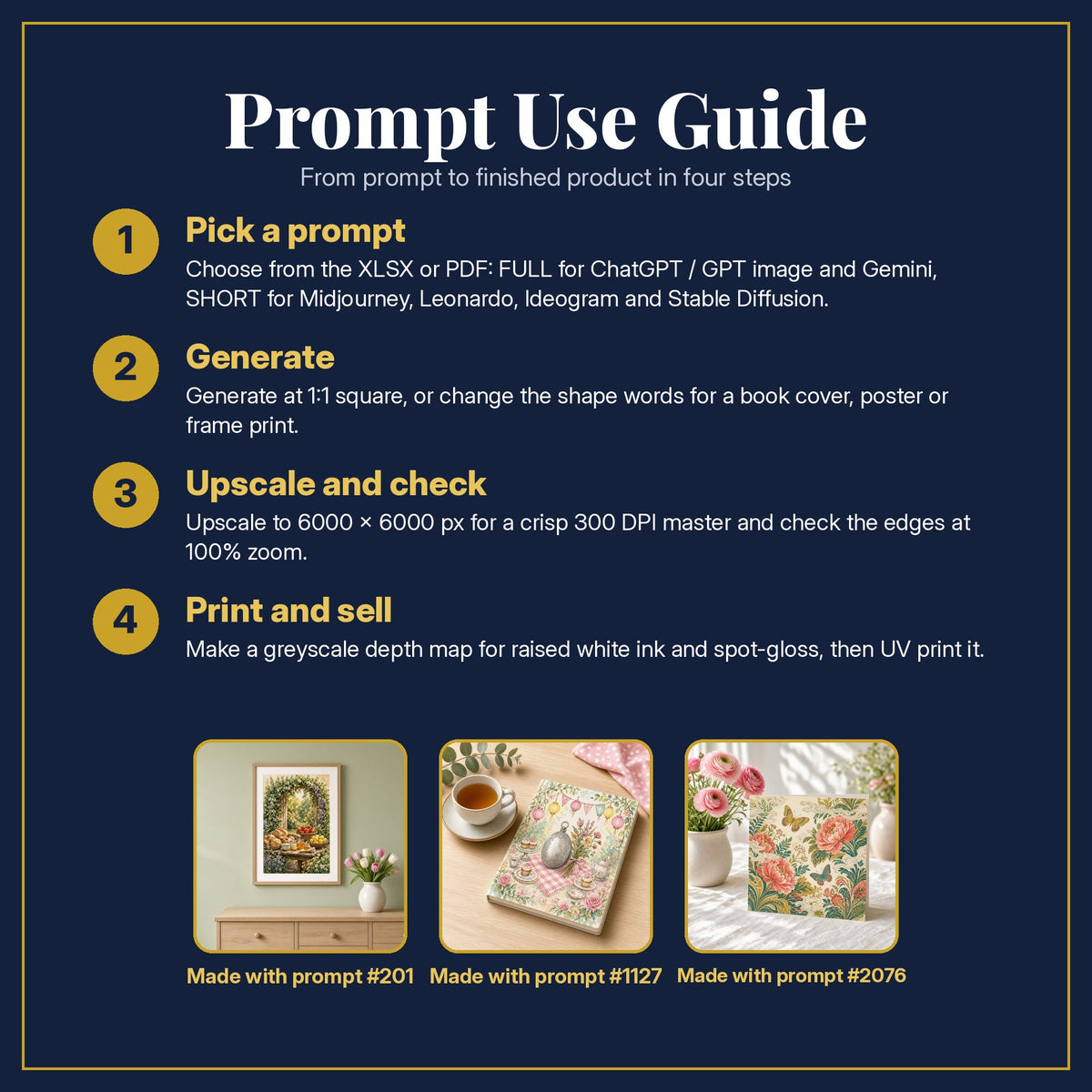 Prompt Use Guide for the Gift, Travel & Activity Books Compact Edition Library: pick a prompt, generate, upscale and check, print and sell, with sample products made with the pack's prompts