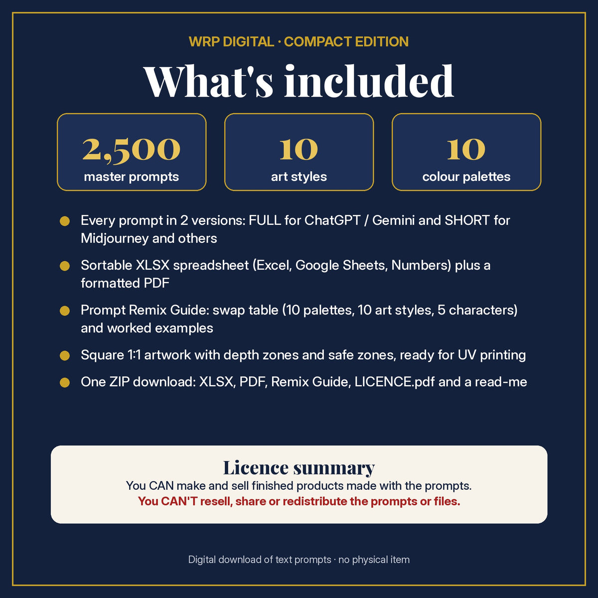 What's included in the Gothic, Steampunk & Academia Compact Edition Library: 2,500 master prompts, 10 art styles, 10 colour palettes, XLSX and PDF, Prompt Remix Guide and licence summary