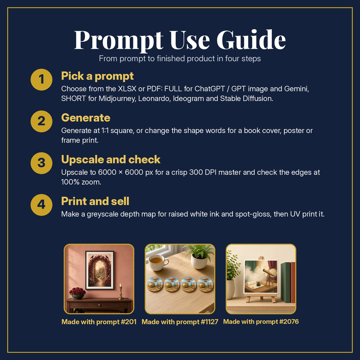 Prompt Use Guide for the Gothic, Steampunk & Academia Compact Edition Library: pick a prompt, generate, upscale and check, print and sell, with sample products made with the pack's prompts