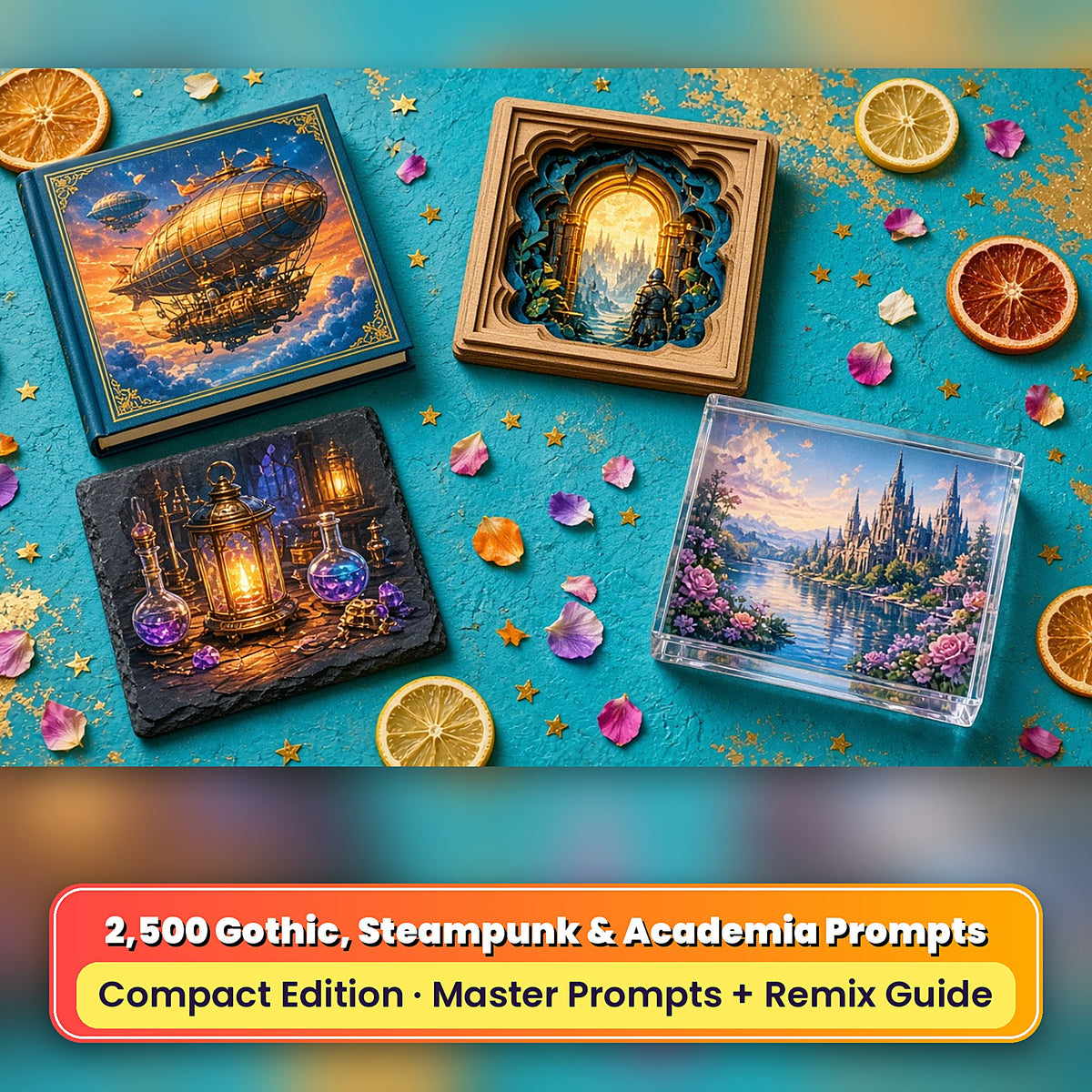 Gothic, Steampunk & Academia Compact Edition Library: realistic UV-printed mockup, made with prompts #1220 · #901 · #1555 · #94