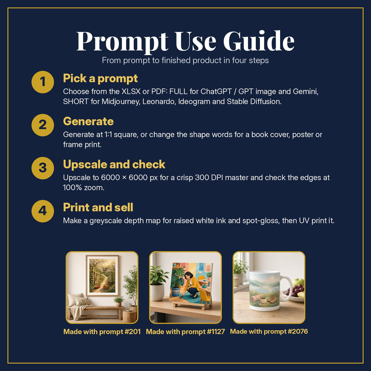 Prompt Use Guide for the Non-Fiction & Lifestyle Compact Edition Library: pick a prompt, generate, upscale and check, print and sell, with sample products made with the pack's prompts