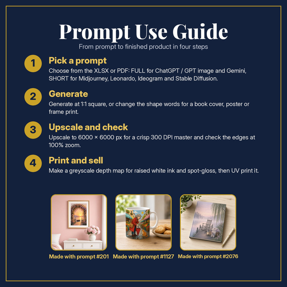 Prompt Use Guide for the Romance, Crime, Mystery & Horror Compact Edition Library: pick a prompt, generate, upscale and check, print and sell, with sample products made with the pack's prompts