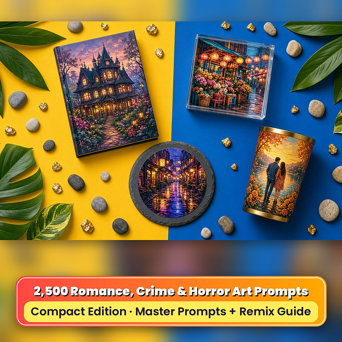 Romance, Crime, Mystery & Horror Compact Edition Library: realistic UV-printed mockup, made with prompts #2095 · #578 · #1125 · #434