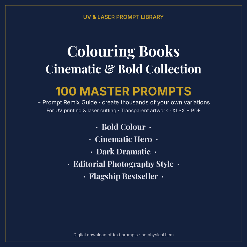 Cover: Colouring Books Cinematic & Bold Collection, 100 master prompts + Prompt Remix Guide