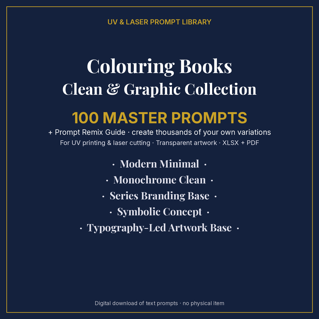 Cover: Colouring Books Clean & Graphic Collection, 100 master prompts + Prompt Remix Guide