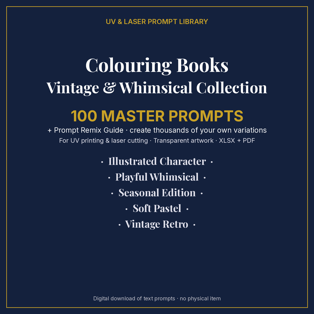 Cover: Colouring Books Vintage & Whimsical Collection, 100 master prompts + Prompt Remix Guide