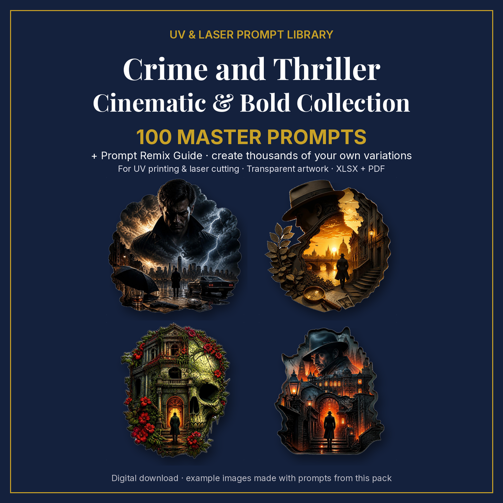 Cover: Crime and Thriller Cinematic & Bold Collection, 100 master prompts + Prompt Remix Guide