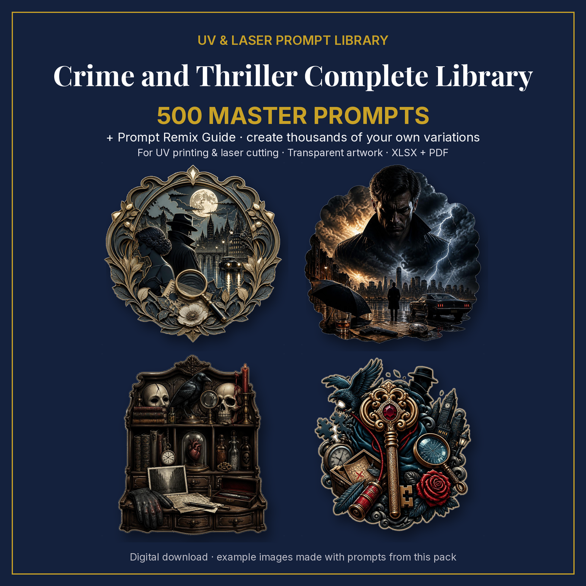 Cover: Crime and Thriller Complete Library, 500 master prompts + Prompt Remix Guide