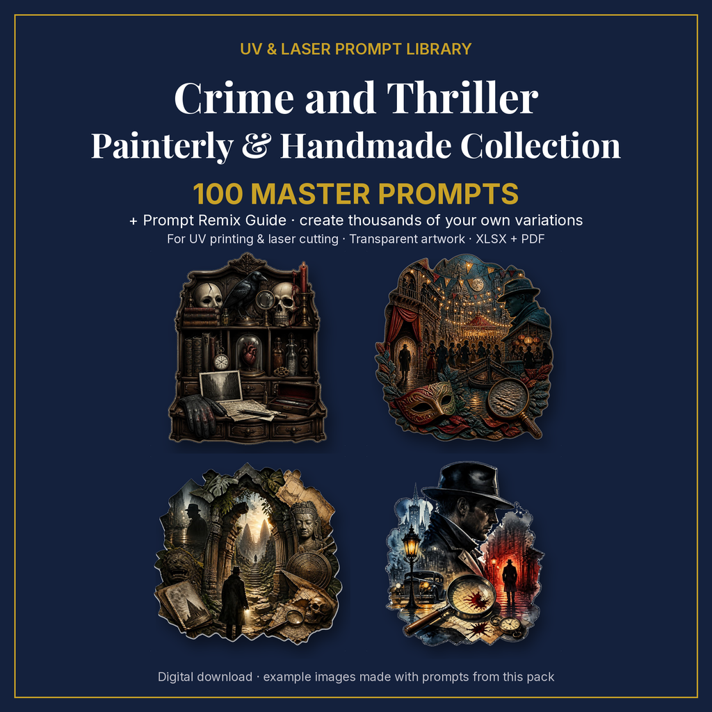 Cover: Crime and Thriller Painterly & Handmade Collection, 100 master prompts + Prompt Remix Guide