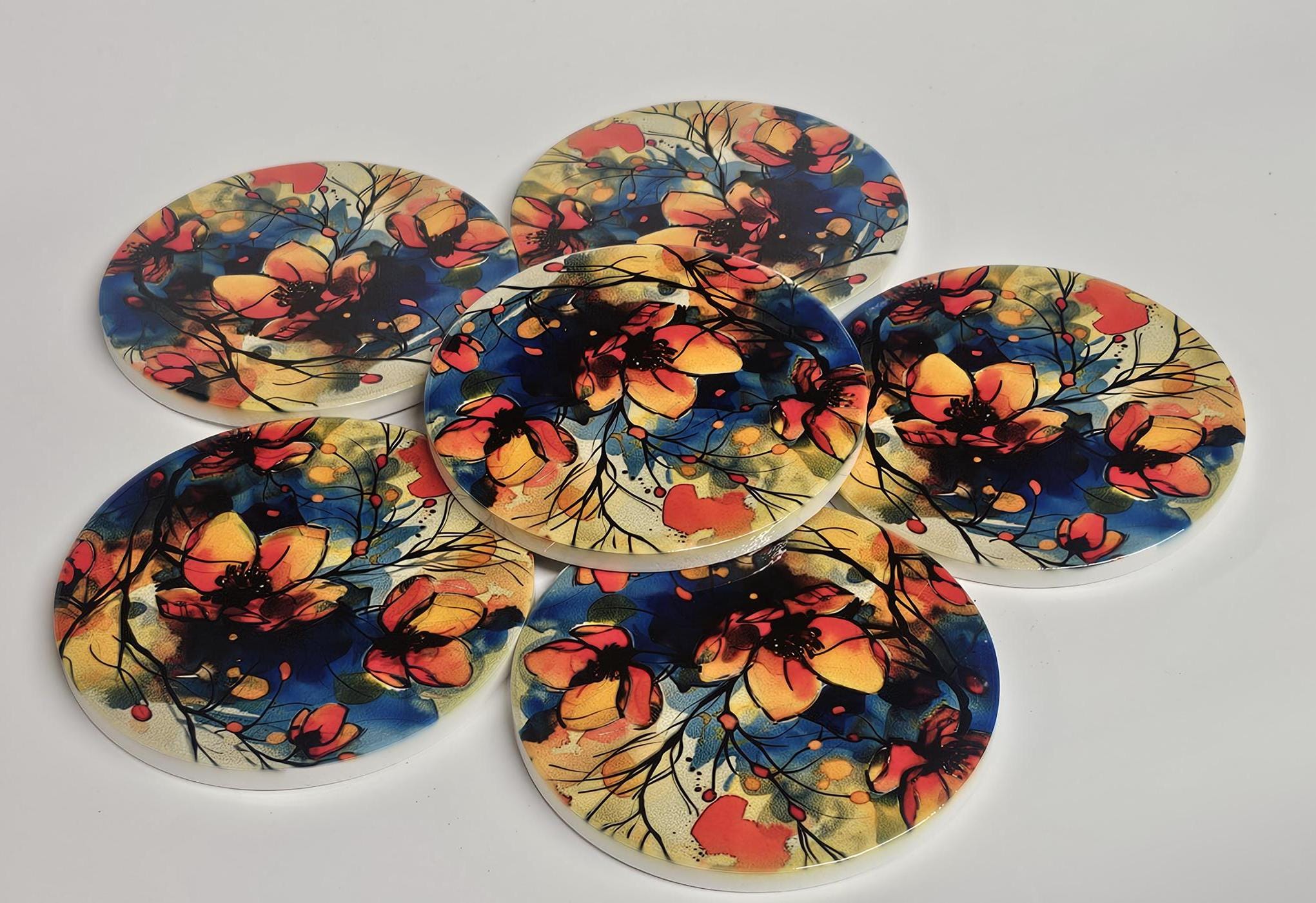 AI24053C Watercolour WildFlower Meadow -  Round Ceramic Coasters- Set of 6, gift for all occasions, Designed and made in Britain