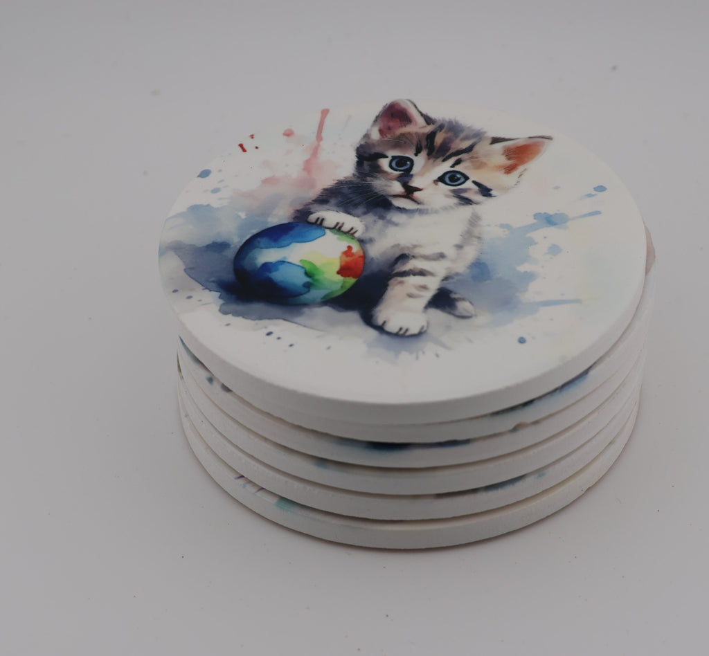 Cuddly kitten Printed Watercolour effect Round Ceramic Coasters-  Set of 6, colourful, gift for all occasions, six unique designs.