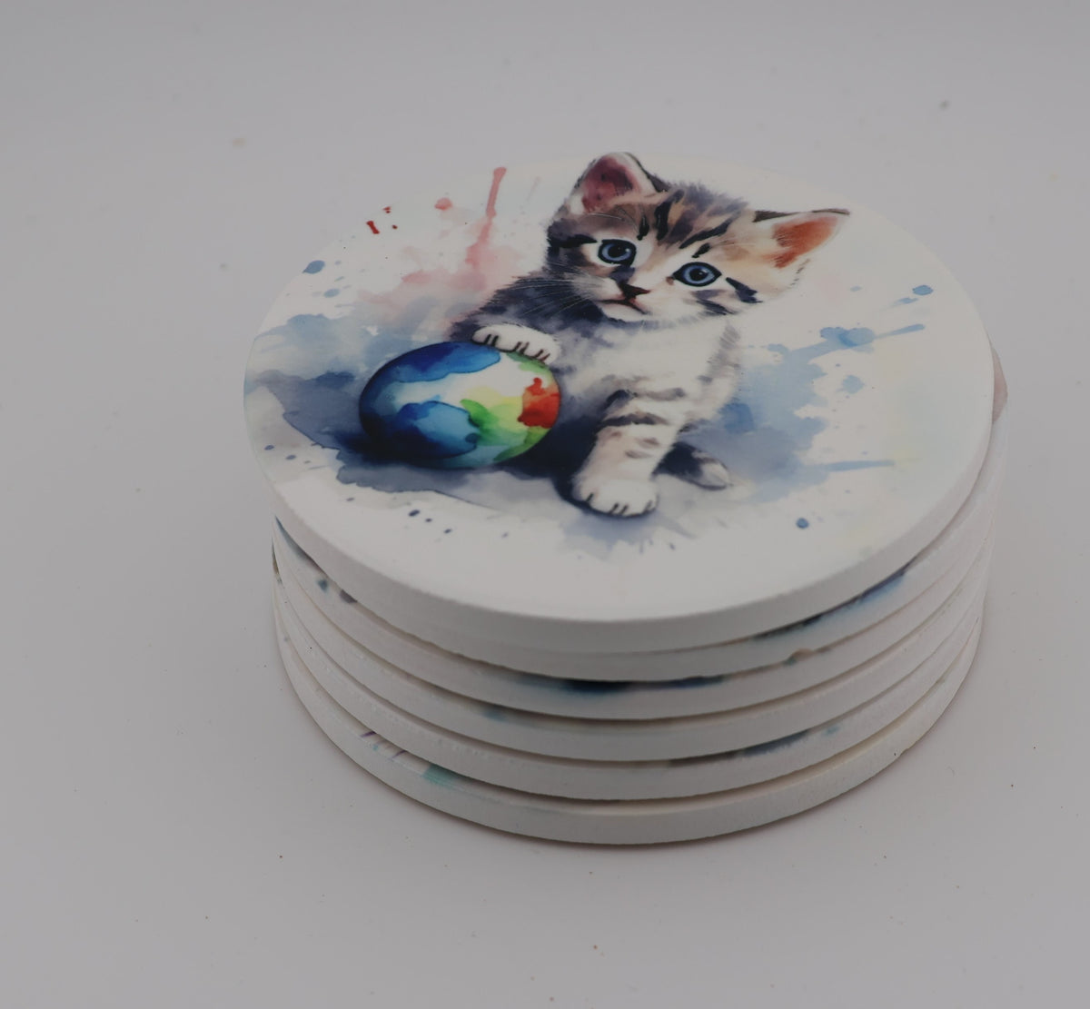 Cuddly kitten Printed Watercolour effect Round Ceramic Coasters-  Set of 6, colourful, gift for all occasions, six unique designs.