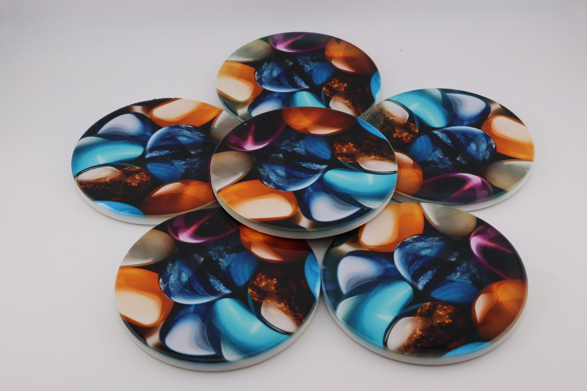 AI24046C  Pebbles - Multi coloured Round Ceramic Coasters- Set of 6, gift for all occasions, Designed and made in Britain