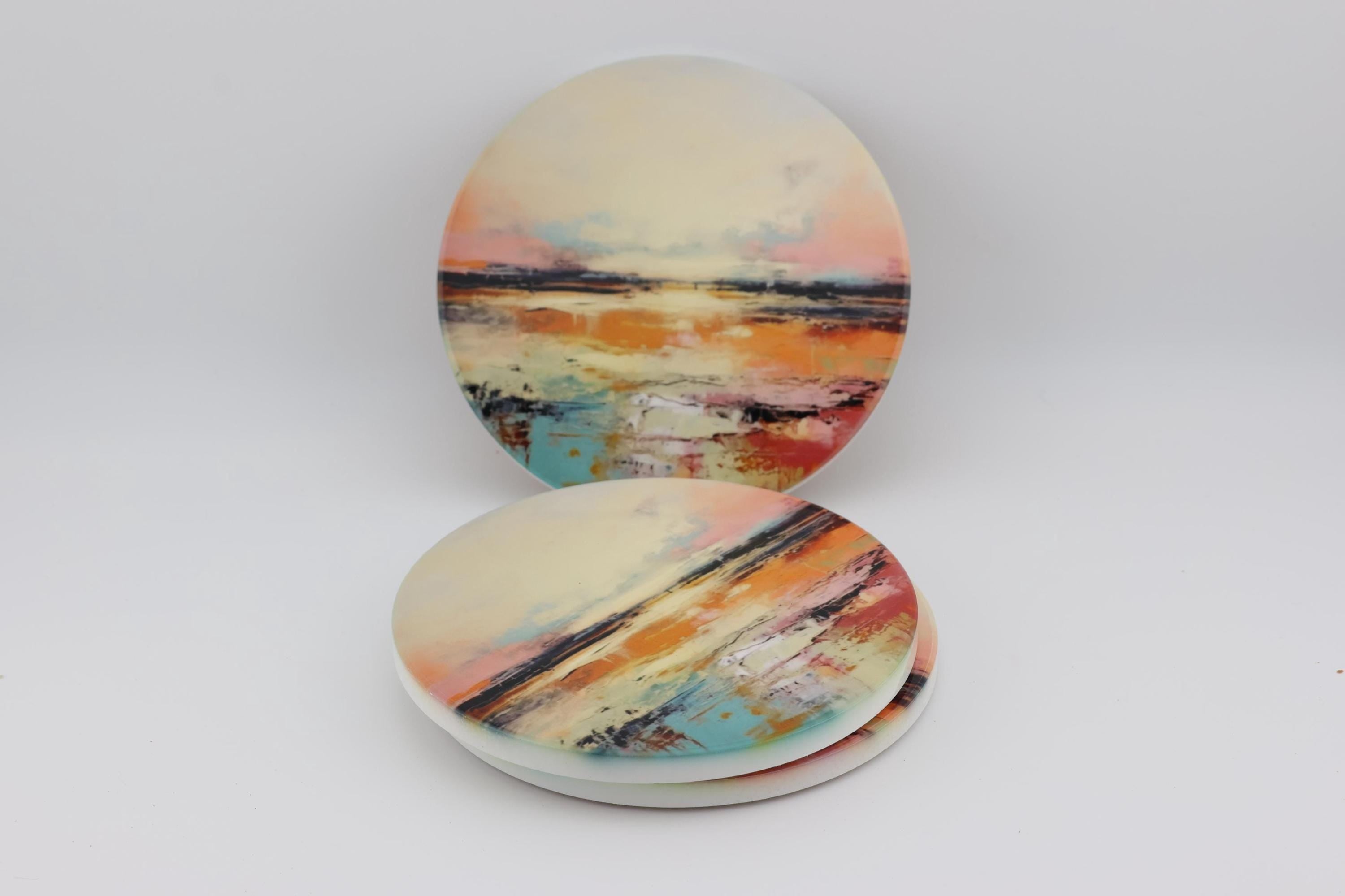 AI24079C Abstract Minimalist Watercolour Landscape - Multi coloured Round Ceramic Coasters- Set of 6,gift for all occasions, Made in Britain
