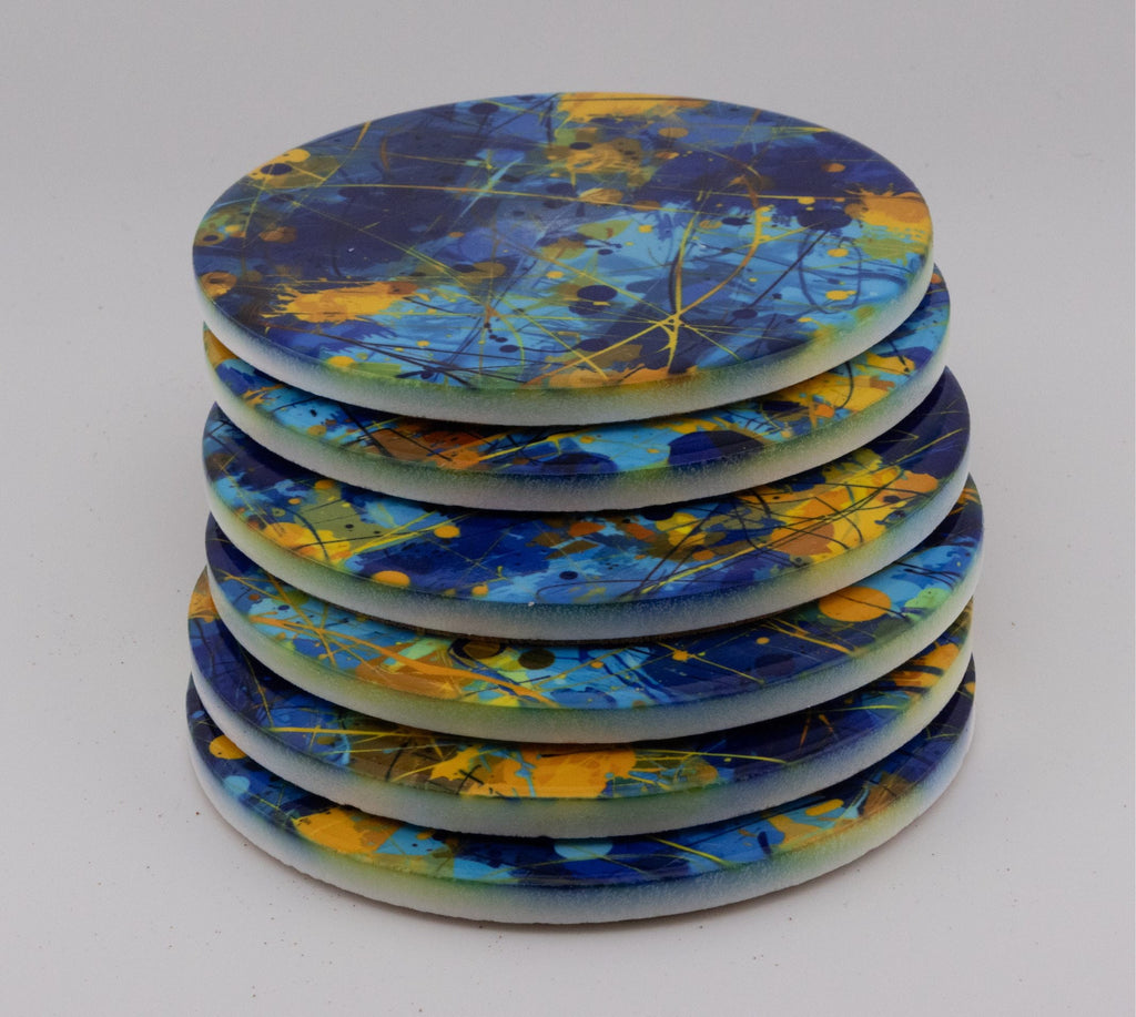 AI24010C Chaotic Blue & Yellow abstract effect Round Ceramic Coasters- Set of 6, gift for all occasions, six unique designs.