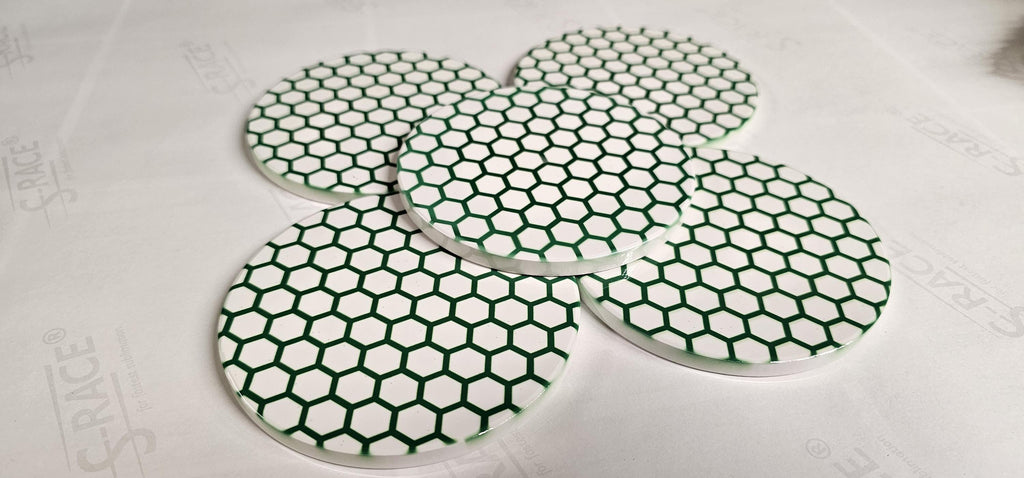 AI24069C Blue and white Honeycomb ,other variations -  Round Ceramic Coasters- Set of 6, gift for all occasions, Designed, made in Britain