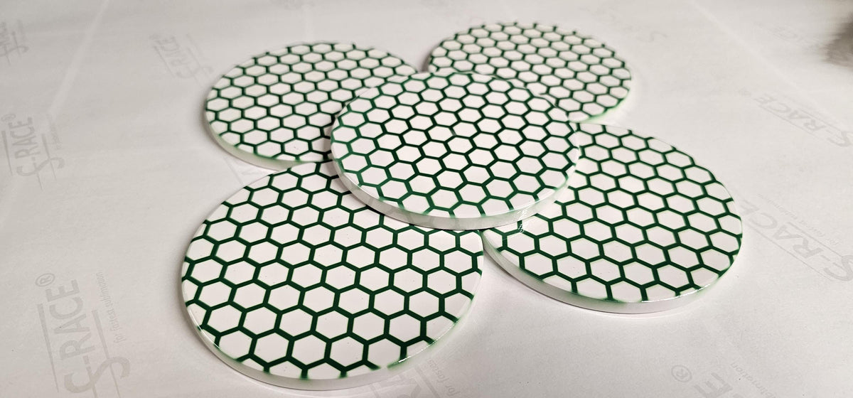 AI24069C Blue and white Honeycomb ,other variations -  Round Ceramic Coasters- Set of 6, gift for all occasions, Designed, made in Britain