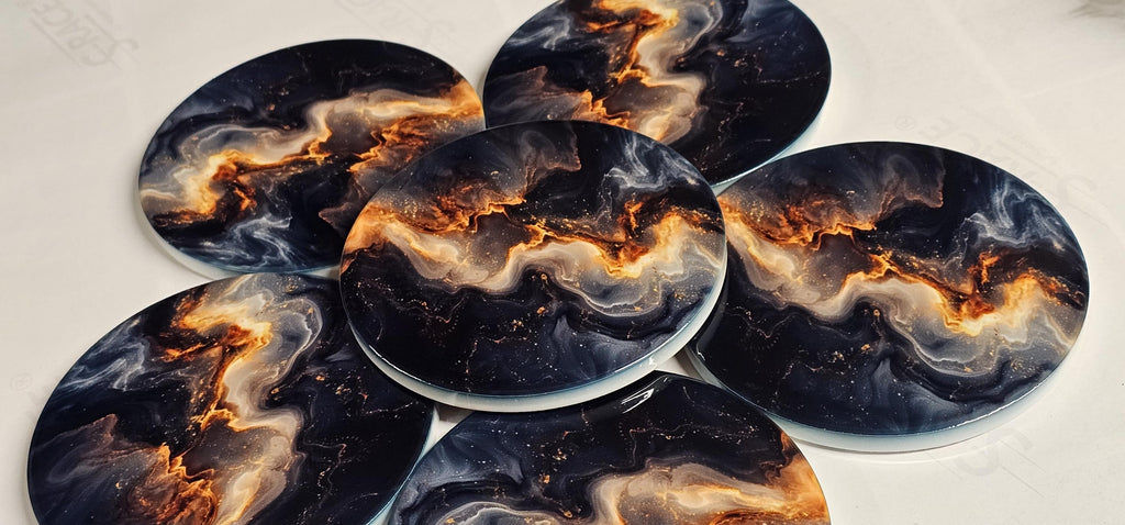 AI24062C Abstract Black & Gold Lave Marble Design -  Round Ceramic Coasters- Set of 6, gift for all occasions, Designed and made in Britain