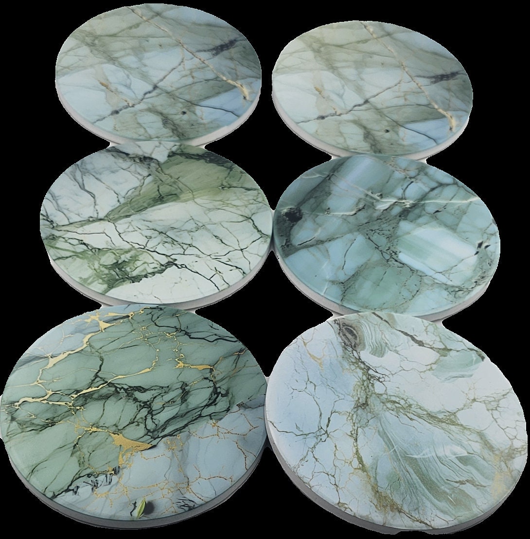 AI24026C Green Marble Effect Round Ceramic Coasters-  Set of 6, colourful, gift for all occasions, six unique designs.