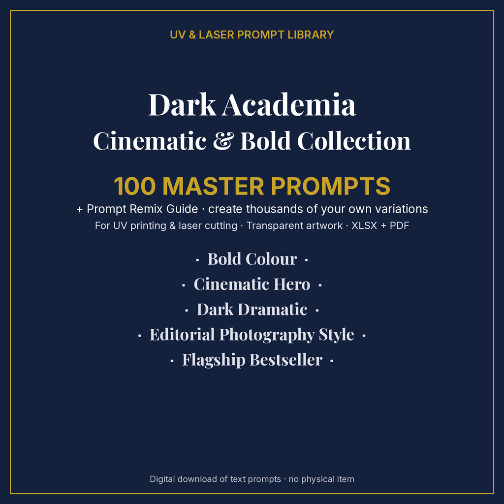 Cover: Dark Academia Cinematic & Bold Collection, 100 master prompts + Prompt Remix Guide