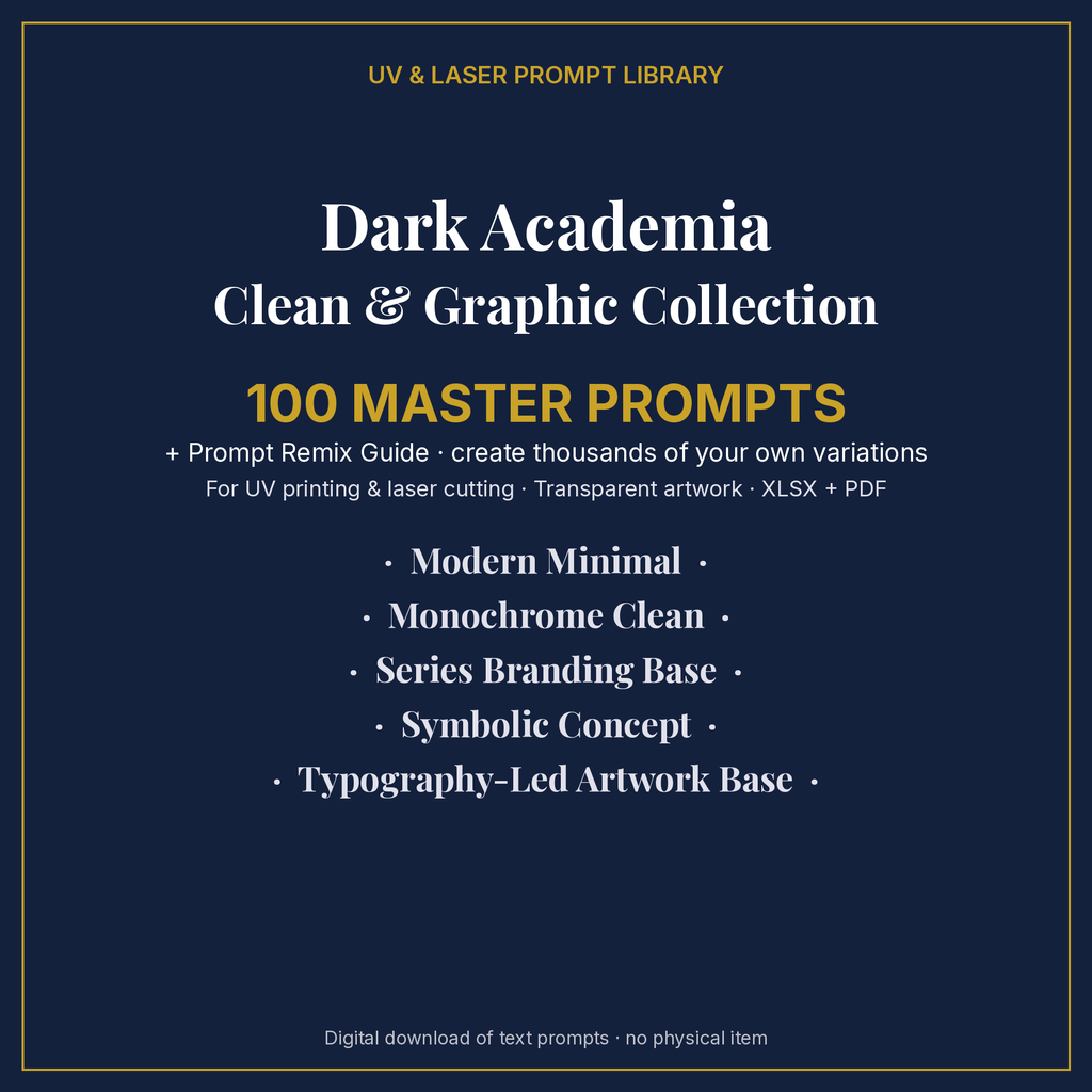 Cover: Dark Academia Clean & Graphic Collection, 100 master prompts + Prompt Remix Guide