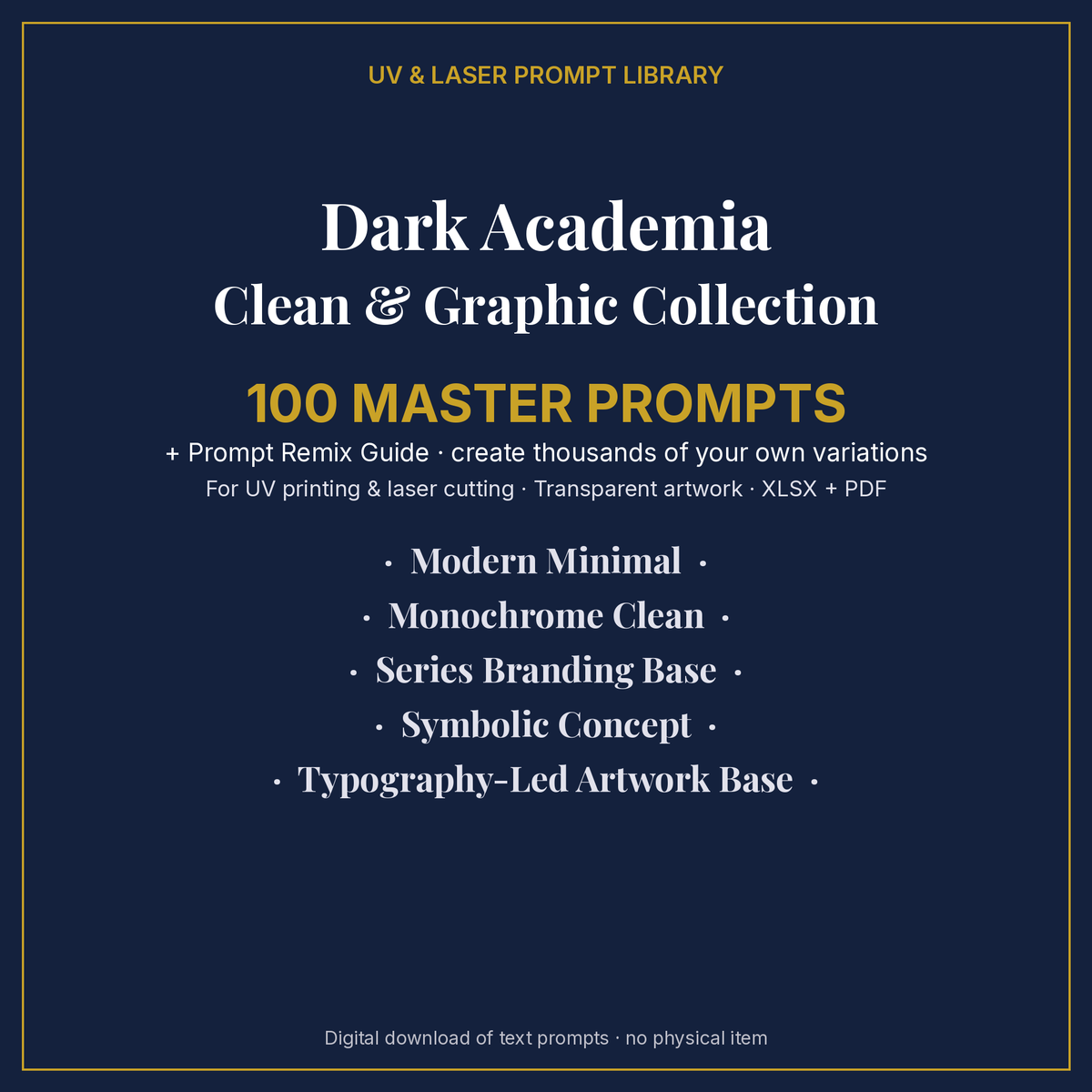 Cover: Dark Academia Clean & Graphic Collection, 100 master prompts + Prompt Remix Guide