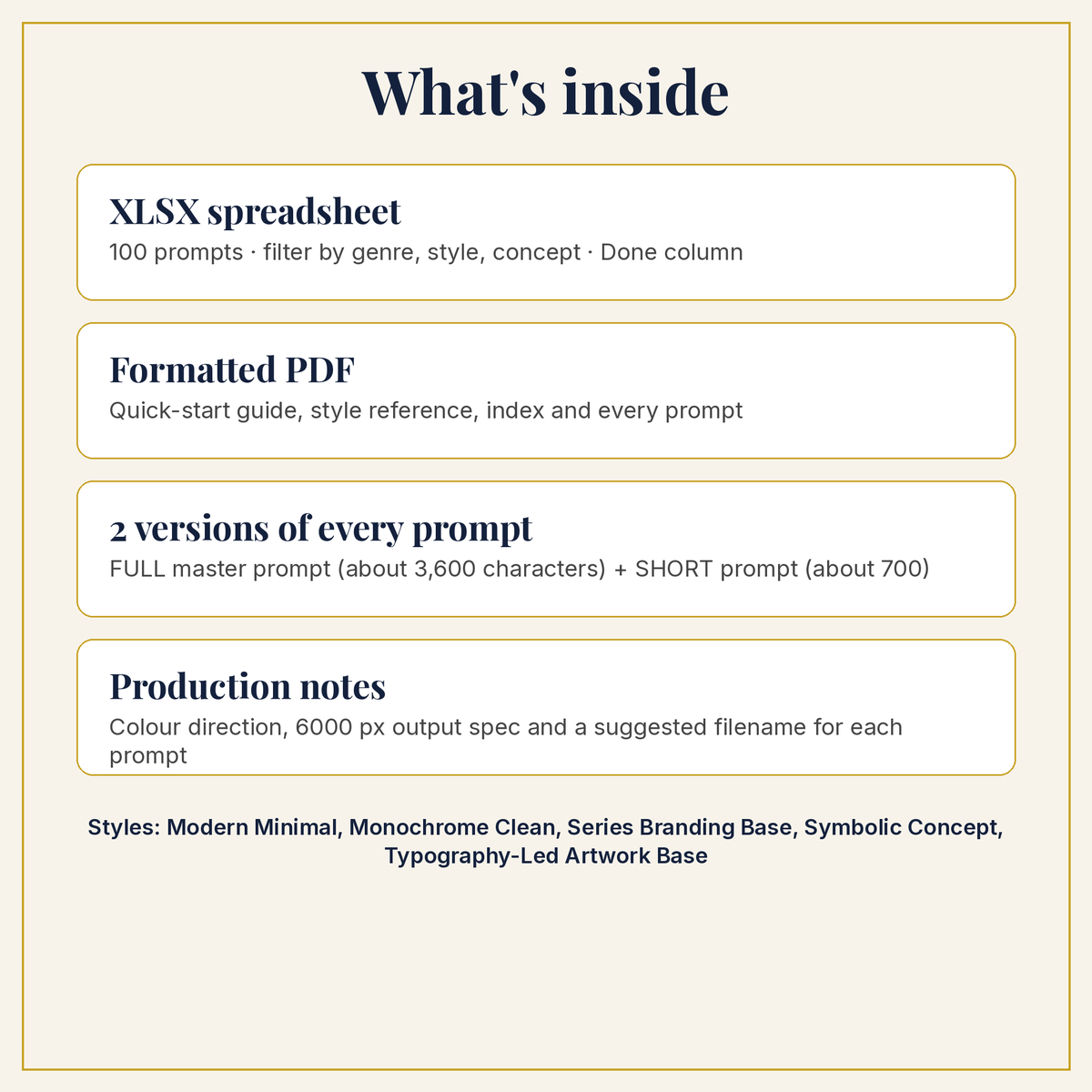 What is inside the download: XLSX, PDF, full and short prompts