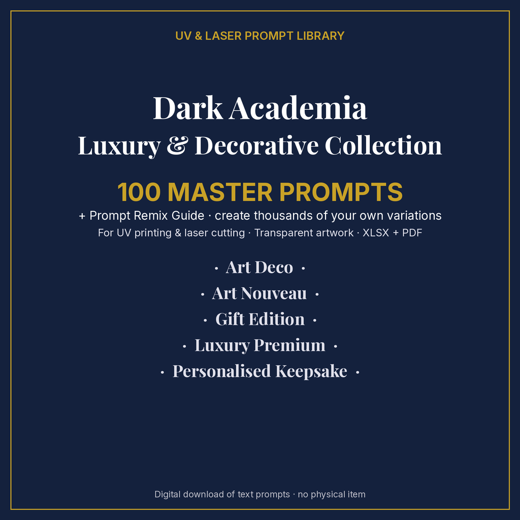 Cover: Dark Academia Luxury & Decorative Collection, 100 master prompts + Prompt Remix Guide