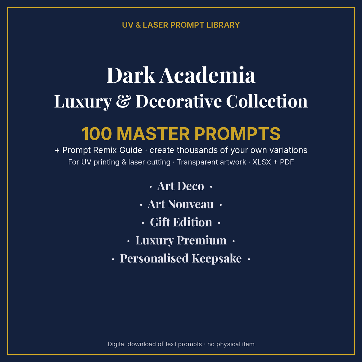 Cover: Dark Academia Luxury & Decorative Collection, 100 master prompts + Prompt Remix Guide