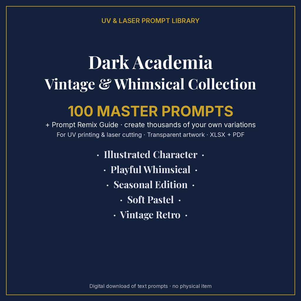 Cover: Dark Academia Vintage & Whimsical Collection, 100 master prompts + Prompt Remix Guide