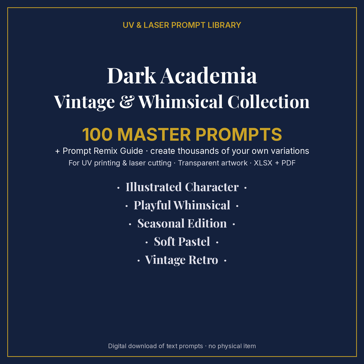 Cover: Dark Academia Vintage & Whimsical Collection, 100 master prompts + Prompt Remix Guide