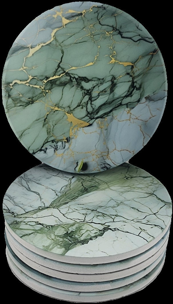 AI24026C Green Marble Effect Round Ceramic Coasters-  Set of 6, colourful, gift for all occasions, six unique designs.