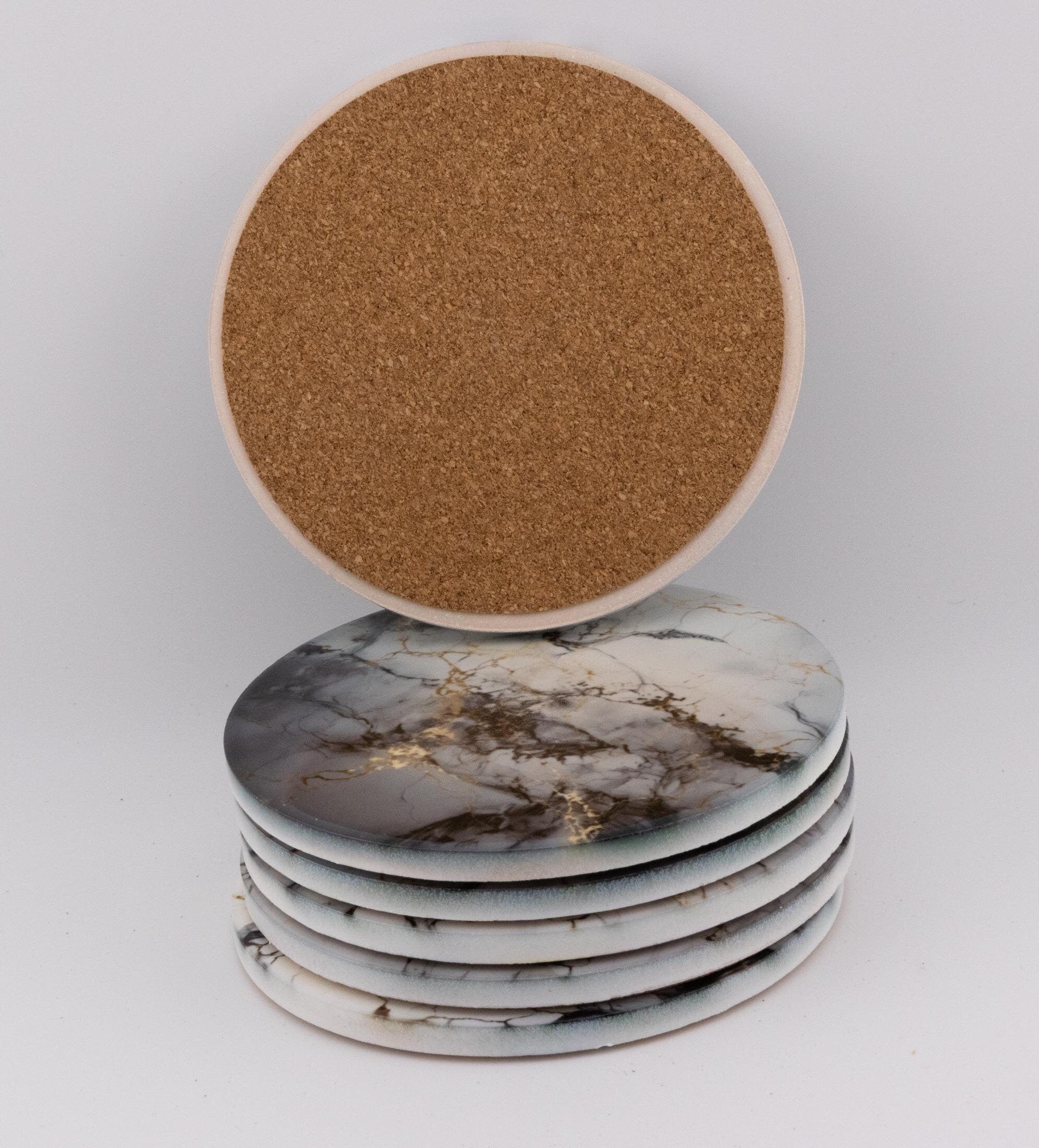 AI24020C Grey, White & Gold Marble Effect Round Ceramic Coasters-  Set of 6, colourful, gift for all occasions, six unique designs.