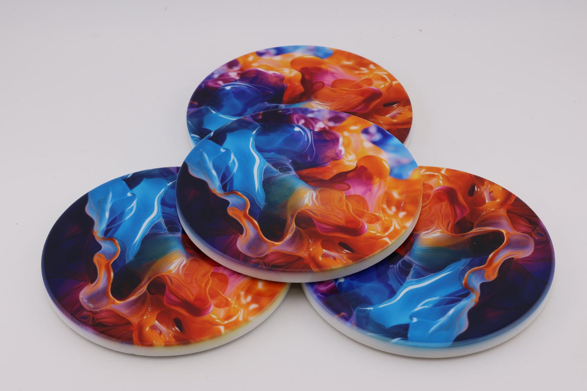 AI24037 Liquid Splash - Multi coloured Round Ceramic Coasters- Set of 6, gift for all occasions, Designed and made in Britain