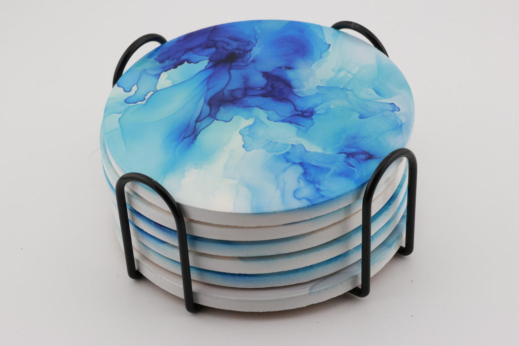 AI24009C Blue swirls Marble Effect Round Ceramic Coasters-Set of 6, colourful, gift for all occasions, six unique designs.