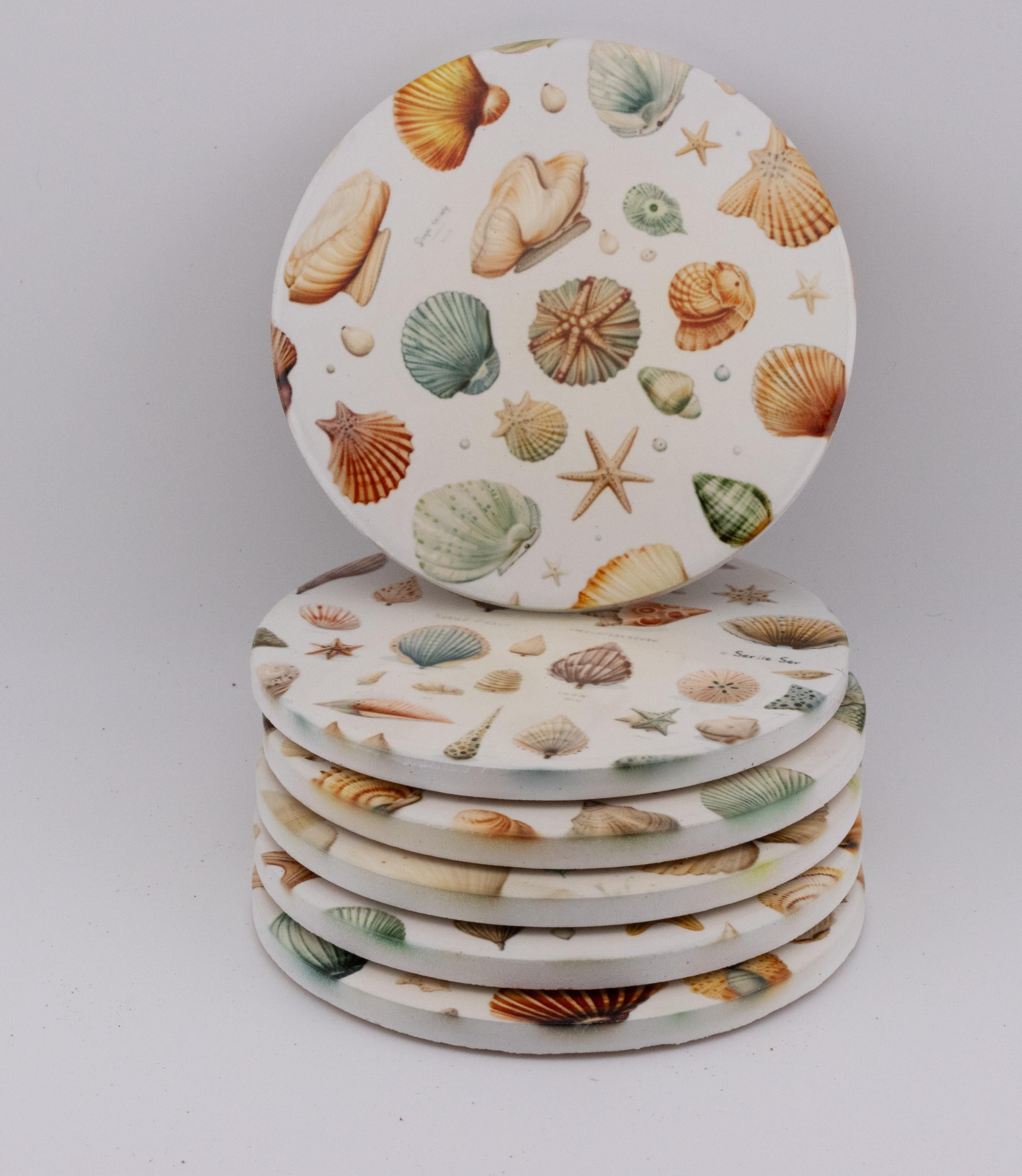 AI24041C  Beachlife Shell collection  Round Ceramic Coasters- Set of 6, colourful, gift for all occasions, six unique designs.