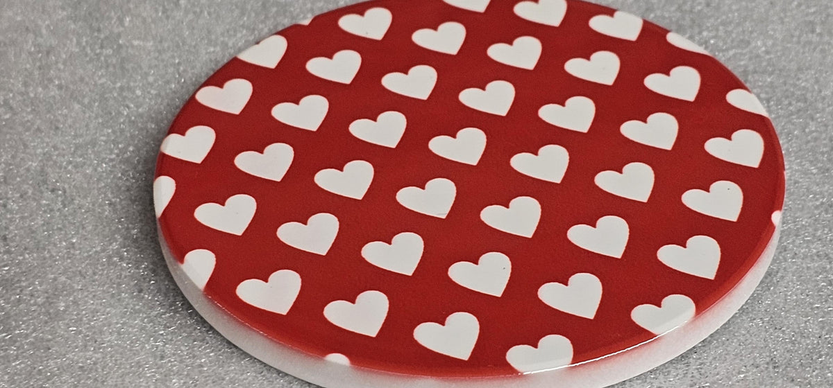AI24068RWC Where the Heart is , White on Red / Red on White - Round Ceramic Coasters- Set of 6, gift for all , Designed made in Britain