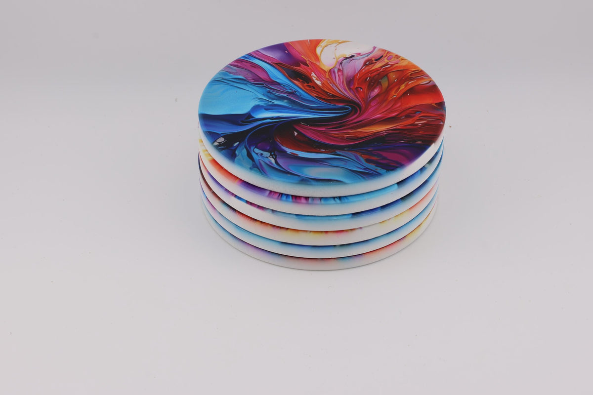 AI24043C Abstract Vortex No7   Multi coloured Round Ceramic Coasters- Set of 6, gift for all occasions, Designed and made in Britain