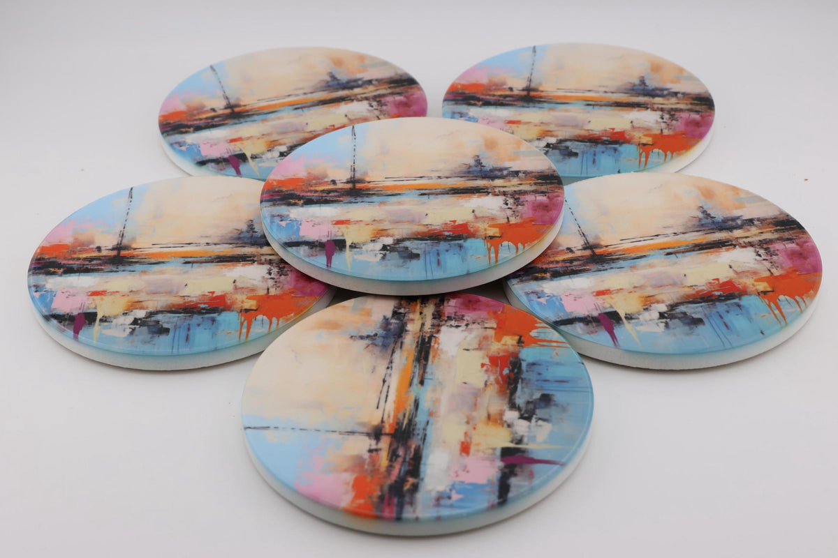 AI24080C Abstract Minimalist Watercolour Seascape - Multi coloured Round Ceramic Coasters- Set of 6, gift for all occasions, Made in Britain