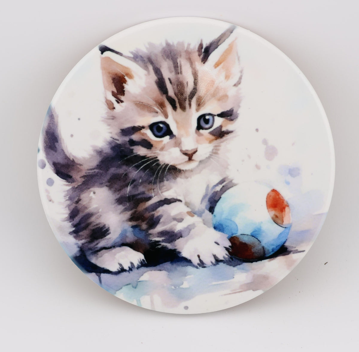 Cuddly kitten Printed Watercolour effect Round Ceramic Coasters-  Set of 6, colourful, gift for all occasions, six unique designs.
