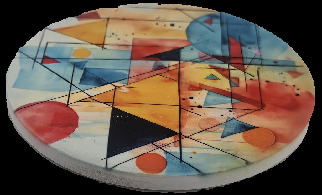 A striking ceramic coaster a colourful abstract geometric design with circles, triangles, squares, adds a bold creative touch to any table.