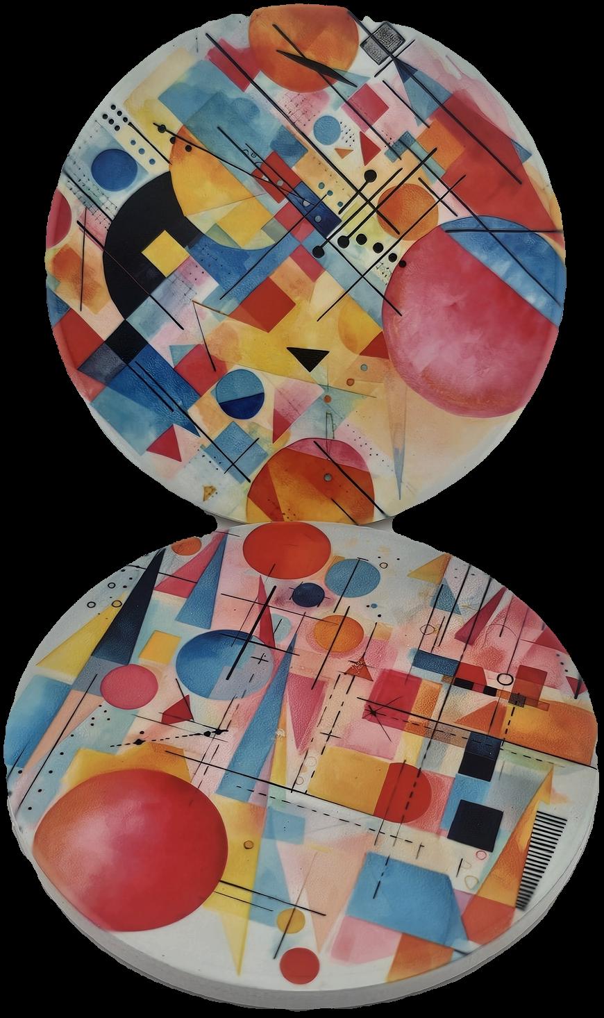 A striking ceramic coaster a colourful abstract geometric design with circles, triangles, squares, adds a bold creative touch to any table.