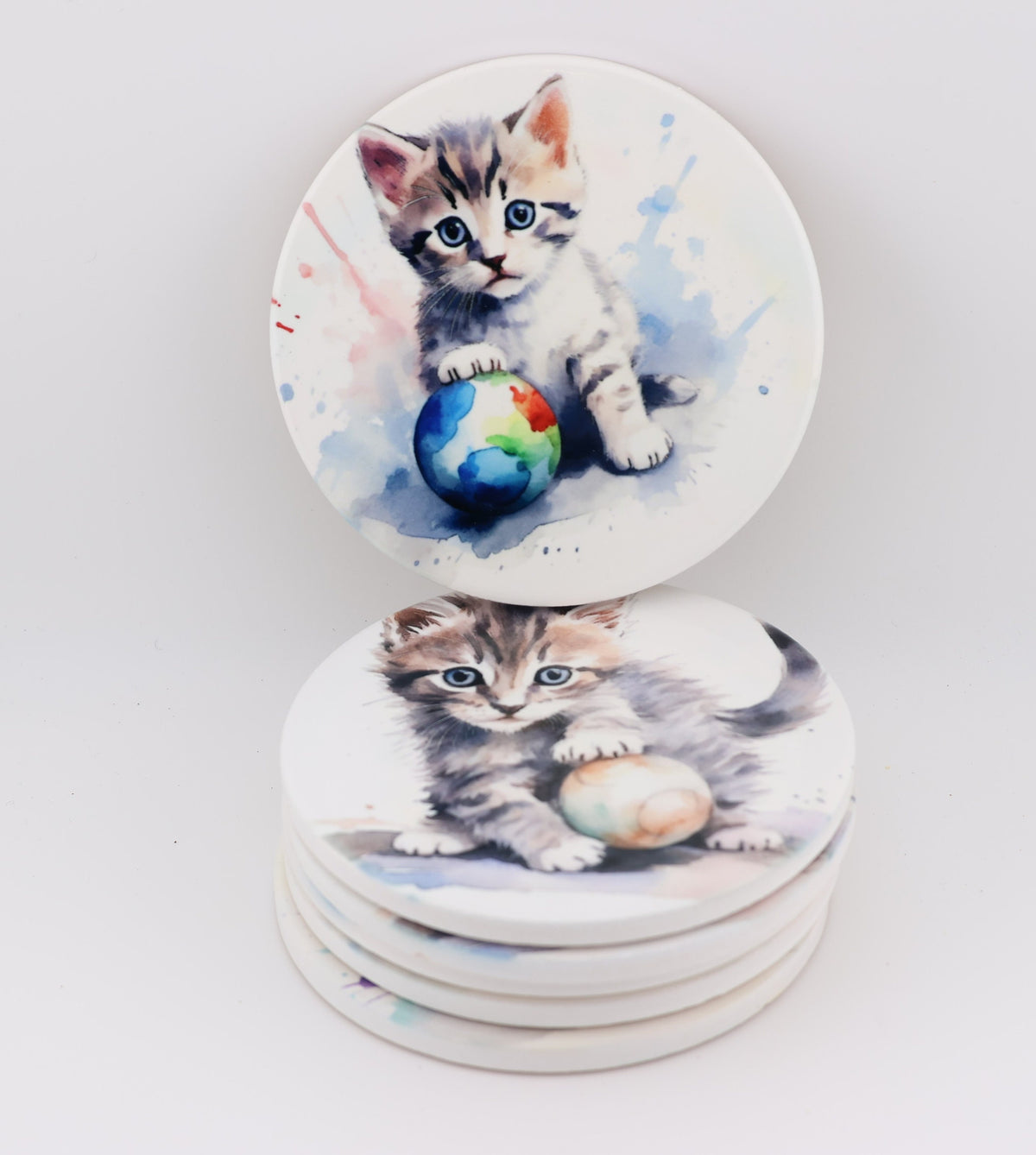 Cuddly kitten Printed Watercolour effect Round Ceramic Coasters-  Set of 6, colourful, gift for all occasions, six unique designs.