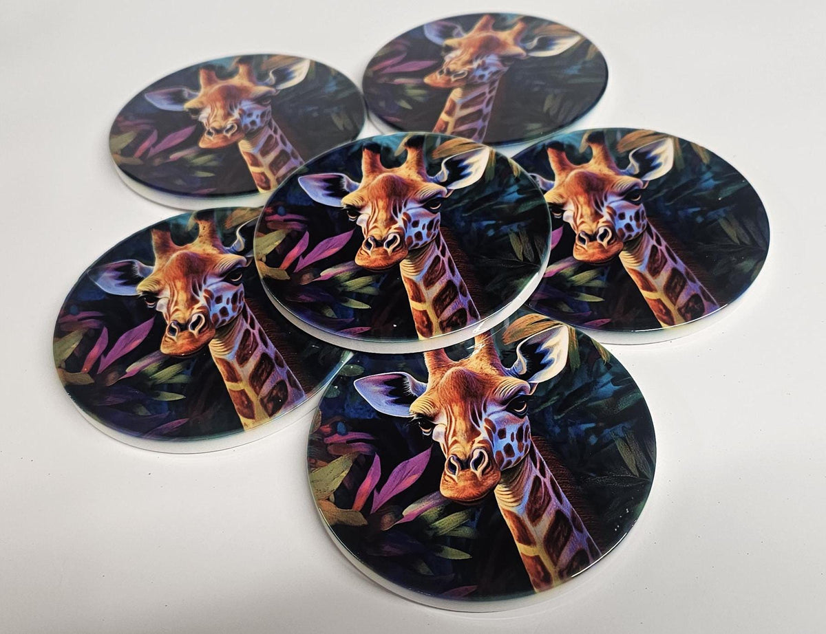 AI24065C Contemporary Design, Jungle Giraffe -  Round Ceramic Coasters- Set of 6, gift for all occasions, Designed and made in Britain