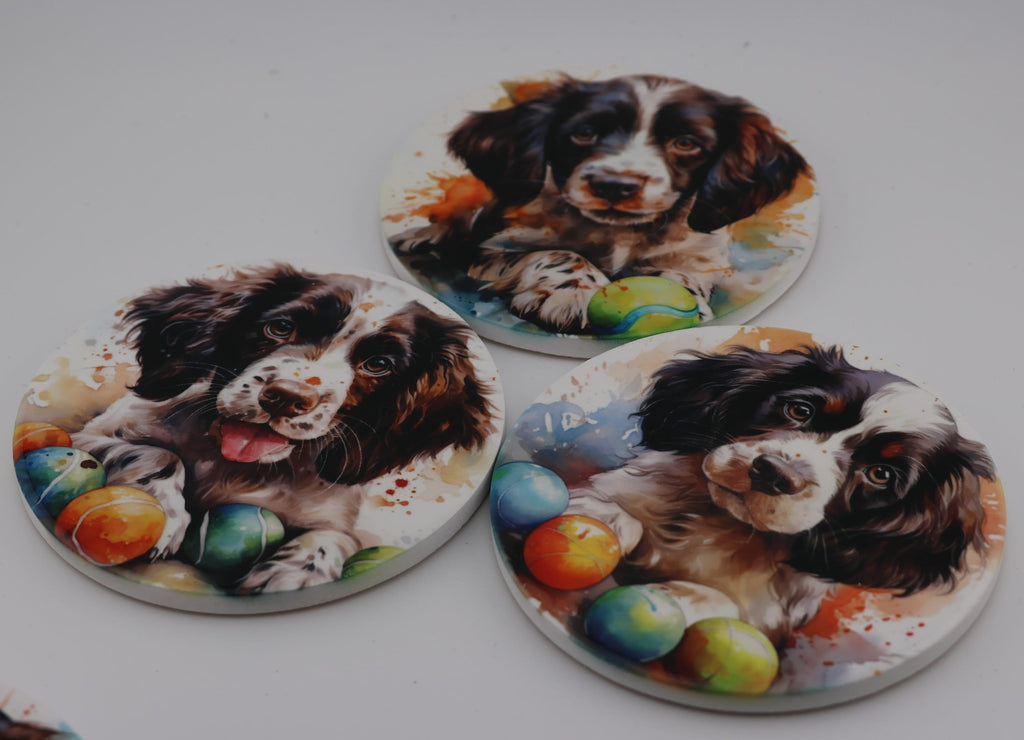 Springer Spaniel Puppy Printed Watercolour effect Round Ceramic Coasters-  Set of 6, colourful, gift for all occasions, six unique designs.
